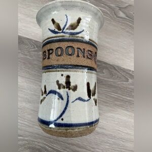 Glazed Pottery Art Tall Spoon Holder/ Vase Decor Stoneware- Blue and Brown